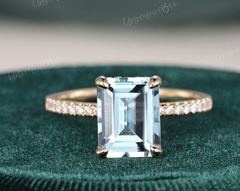 Hidden Halo Emerald Cut Aquamarine Engagement Ring Rose Gold Carat Choice Aquamarine Wedding Ring Women Classic Promise Ring Birthstone Ring