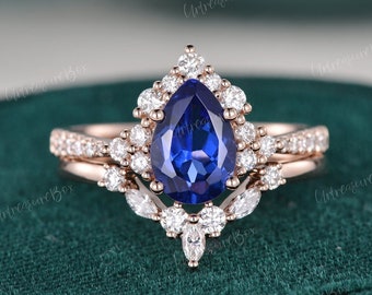 Pear Shaped Blue Sapphire Engagement Ring Set Rose Gold Vintage Sapphire Ring Set Pear Halo Bridal Set Unique Cluster Wedding Ring Set Women
