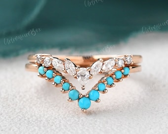 Turquoise Wedding Band Women Chevron Curved Wedding Bands Rose Gold Double Wedding Bands  Unique Moissanite Ring Enhancer Vintage V Shaped