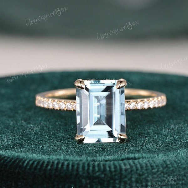 Hidden Halo Emerald Cut Aquamarine Engagement Ring Rose Gold Carat Choice Aquamarine Wedding Ring Women Classic Promise Ring Birthstone Ring