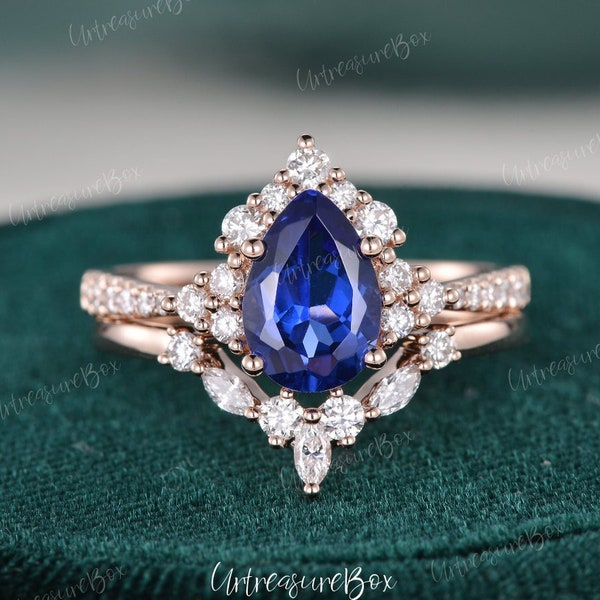 Conjunto de anillos de compromiso de zafiro azul en forma de pera, conjunto de anillos de zafiro vintage de oro rosa, conjunto de anillos de boda con halo de pera, conjunto único de anillos de boda para mujeres