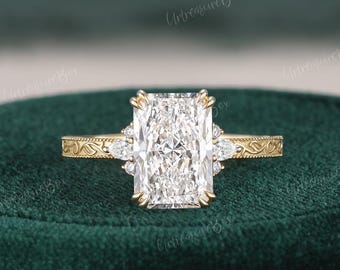 Vintage Radiant Cut Lab Grown Diamond Engagement Ring Nature Inspired Leaf Engraved Wedding Ring Cluster Eternity Promise Anniversary Ring