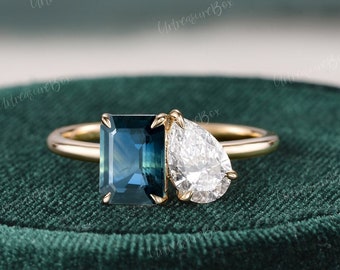 Teal Sapphire Diamond Toi Et Moi Engagement Ring Yellow Gold Pear Shaped Lab Grown Diamond Emerald Cut green Sapphire Two Stone Wedding Ring