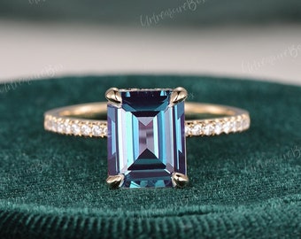 Hidden Halo Lab Alexandrite Engagement Ring 3.5ct Emerald Cut Engagement Ring Woman Rose Gold Wedding Bridal Ring Anniversary Gift