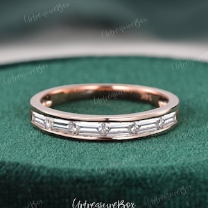 Baguette Cut Lab Grown Diamond Wedding Band 14K Rose Gold Art Deco Wedding Ring Stacking Matching Ring Promise Anniversary Ring Women Modern