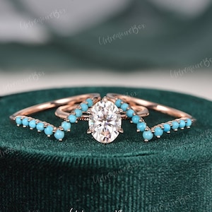 2ct Solitaire Engagement Ring Sets Carat Choice Oval Cut Moissanite Bridal Set Rose Gold Double Turquoise Wedding Band 3pcs Stacking Ring