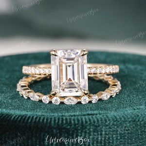 2.5ct Hidden Halo Emerald Cut Engagement Ring Set Women Moissanite Engagement Ring Emerald Cut Wedding Set Antique Bridal Set Rose Gold Ring
