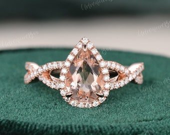 Pear Shaped Morganite Engagement Ring Rose Gold Unique Infinity Morganite Bridal Ring Split Shank Peachy Morganite Ring Halo Promise Ring
