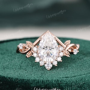 Vine Moissanite Wedding Ring Women Leaf Pear Shaped Moissanite Engagement Ring Rose Gold Unique Infinity Ring Promise Ring Half Halo Ring