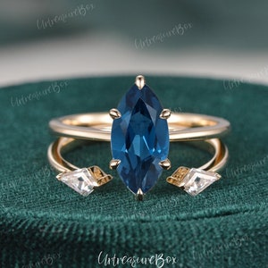 Hidden Halo Marquise London Blue Topaz Engagement Ring Sets Simple Marquise Ring Yellow Gold Bridal Sets Unique Kite Cut Wedding Band women