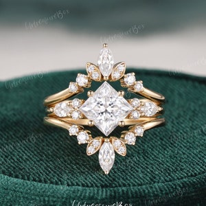Unique Princess Cut Moissanite Engagement Ring Set Yellow gold Cage Enhancer Ring Marquise Ring Vintage Art Deco Wedding Ring Set Bridal Set