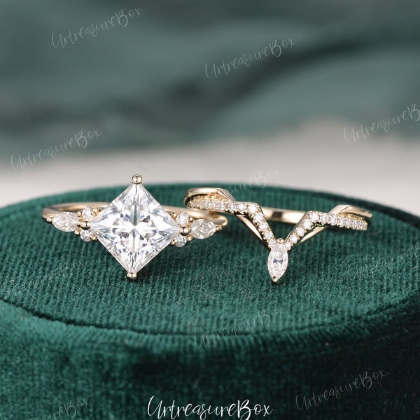 2CT Princess Cut Moissanite Engagement Ring Set Unique Yellow Gold Marquise Band Vintage Wedding Ring Set Bridal Set Antique Promise Ring