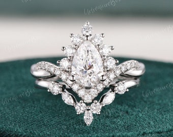 Infinity Lab Grown Diamond Engagement Ring Set White Gold Twisted Vintage IGI Pear Cut Diamond Bridal Set Unique Brilliant Halo Wedding Ring
