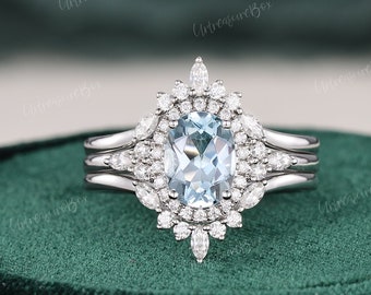 Vintage Aquamarine Bridal Set Oval Cut Aquamarine Engagement Ring Set White Gold Wedding Ring Antique Art deco Double Halo Ring Promise ring