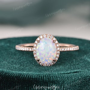 Oval Cut Opal Engagement Ring White Gold Opal Halo Ring Moissanite Halo Wedding Promise Ring Women Birthstone Cabochon Lab Opal Anniversary