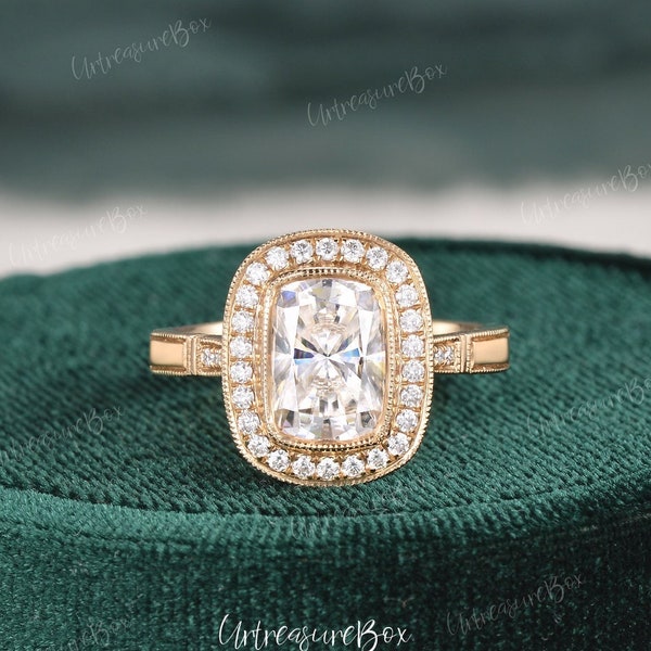 2.5ct Elongated Cushion Cut Moissanite Engagement Ring Yellow Gold Halo Ring Milgrain Antique Vinateg Moissanite Ring Art Deco Promise Ring