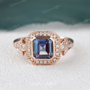Antique Art Deco Lab Alexandrite Engagement Ring Women White Gold Vintage Alexandrite Ring Emerald Cut Alexandrite Vine Flower Ring Promise