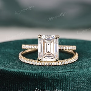 2.5ct Emerald Cut Moissanite Engagement Ring Set White Gold Hidden Halo Bridal Set Carat Choice Moissanite Wedding Ring Women Solitaire Ring