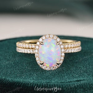White Opal Engagement Ring Set Yellow Gold 7*9mm Oval Cut Lab Fire Opal Wedding Ring Set Bridal Set Women Diamond Halo Birthstone Ring Gift