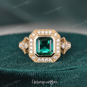 Lab Emerald Engagement Ring Vintage 14k Rose Gold Women Green Emerald Wedding Ring May Birthstone Bridal Ring Emerald Cut Anniversary Gift