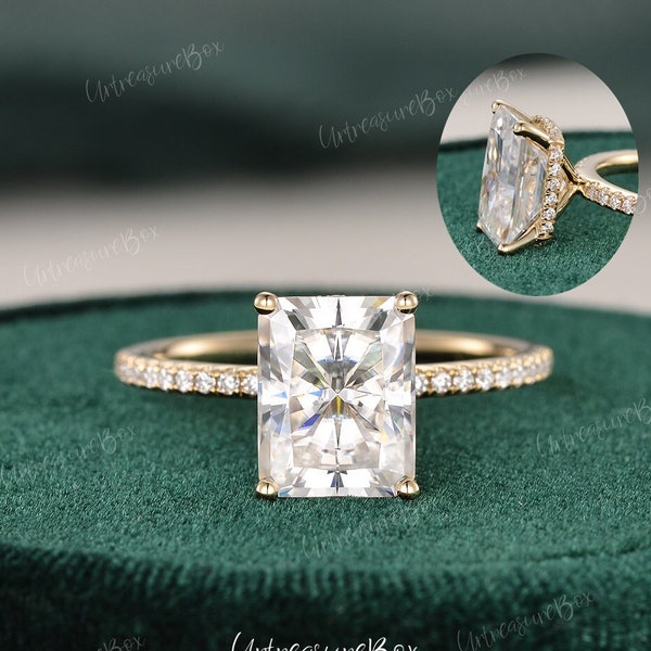 Anillo de compromiso Moissanite de corte radiante de 2.5ct Anillo de compromiso de halo oculto único Anillo nupcial Moissanite de oro rosa Anillo de promesa clásico Mujeres