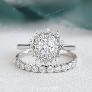 Moissanite Bridal Set Vintage Snowflake Ring Set White Gold Ring Moissanite Bridal Ring Art Deco Floral Stackable Ring Cocktail Ring Promise