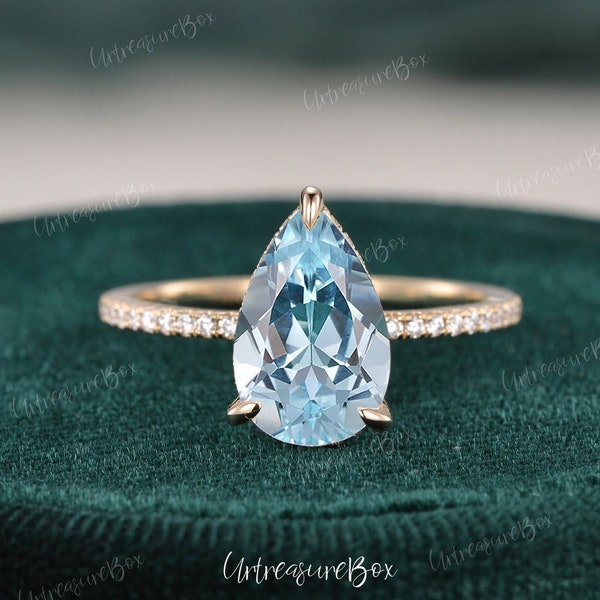 Natural AAA Aquamarine Engagement Ring Yellow Gold Pear Aquamarine Engagement Ring Hidden Halo Ring Women Solitaire Classic Promise Ring