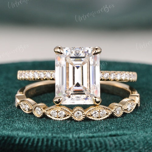 Hidden Halo Emerald Cut Engagement Rings Moissanite Engagement - Etsy