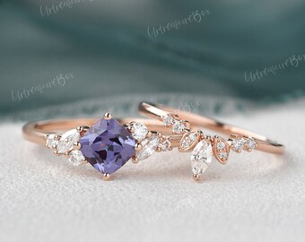 Vintage Lab Alexandrite Bridal Set Alexandrite Engagement Ring Unique Marquise Moissanite Rose Gold Color Change Ring Art Deco Ring Promise