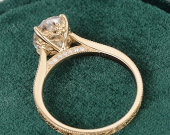 Engraved Oval Cut Moissanite Engagement Ring Leaf Flower Setting Filigree Wedding Ring Vintage Solitaire Sakura Unique Women Promise Ring