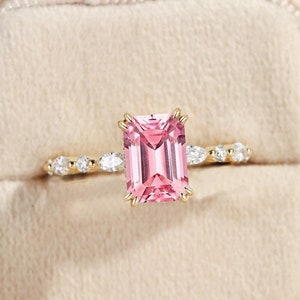 Unique Emerald Cut Pink Sapphire Engagement Ring Hidden Halo Ring Marquise Cluster Band Ring Sapphire Wedding Ring Daily Promise Ring Women