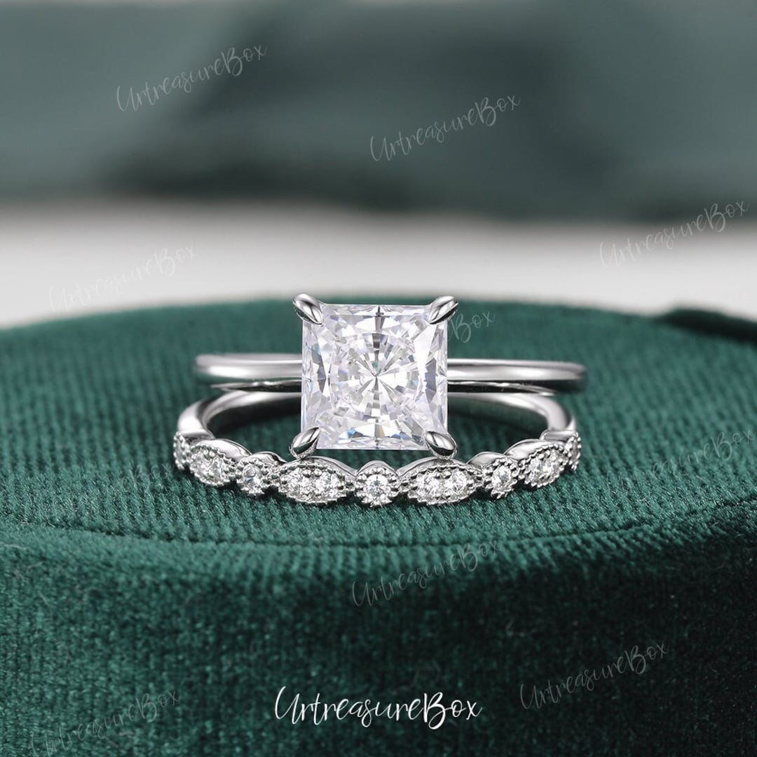 1.5CT Princess Cut Lab Grown Diamond Engagement Ring Set 14K White Gold ...