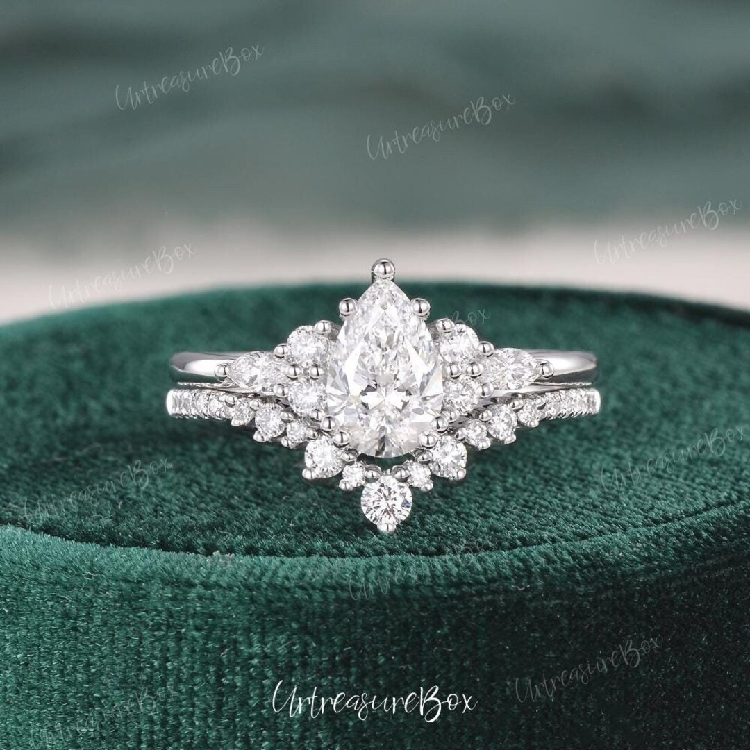 1ct Lab Grown Diamond Engagement Ring Set Pear Shaped Diamond Wedding ...