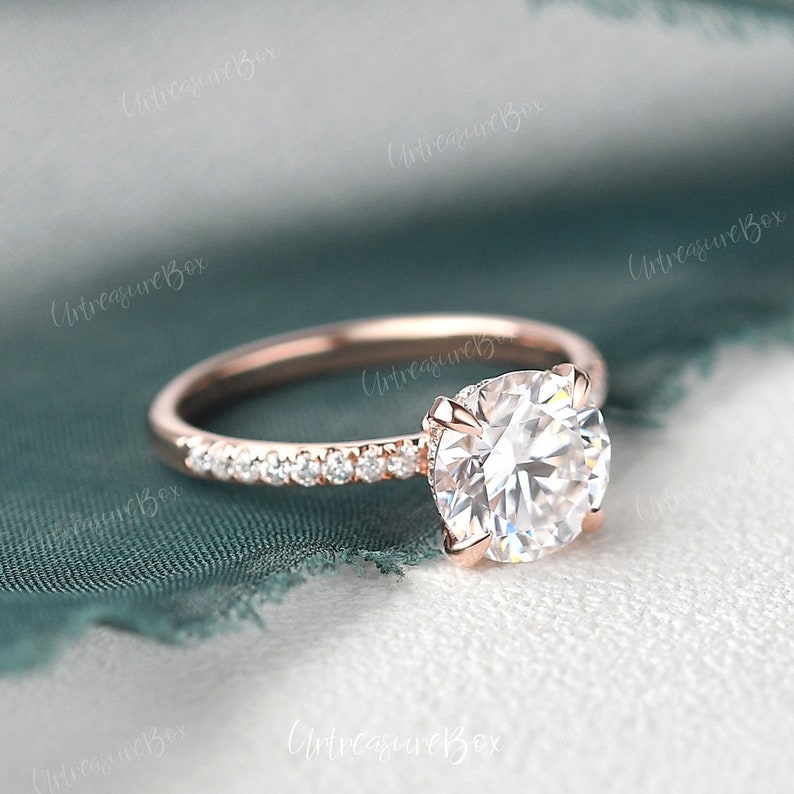 1ct Lab Grown Diamond Engagement Ring Rose Gold Women Lab Grown Diamond Wedding Ring Claw Prongs Hidden Halo Solitaire Ring Promise For Her image 5