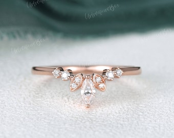 Curved Wedding Band Rose Gold Moissanite Wedding Band Women Vintage Ring Art Deco Cluster Ring Stacking Ring Crown Ring Unique Marquise Ring