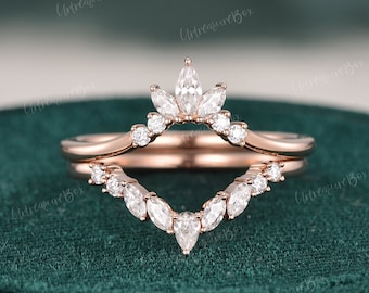 Moissanite Wedding Ring Enhancer Curved Wedding Band Women Chevron Double Wedding Bands Rose Gold Vine Ring Leaf  Ring Enhancer Custom Make