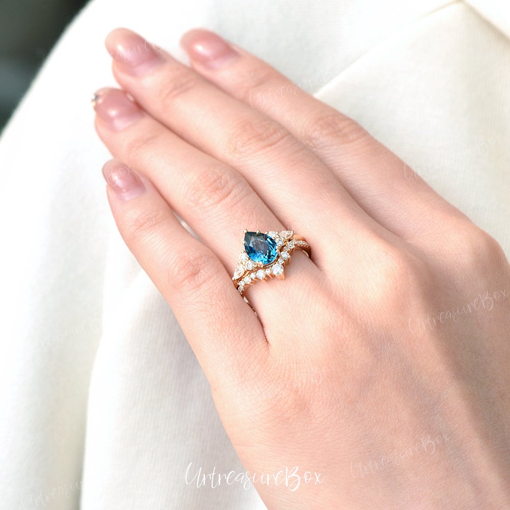 Natural Swiss Blue Topaz Pear Shape Engagement Ring With Diamond, AAA Quality, 5x7mm - Ready To Gift In Rosec Jewels Box - View #8
