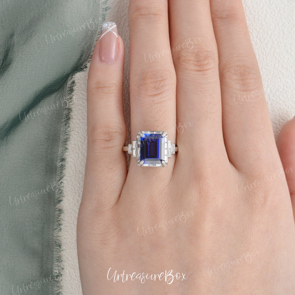 3ct Emerald Cut Sapphire Engagement Ring White Gold Lab