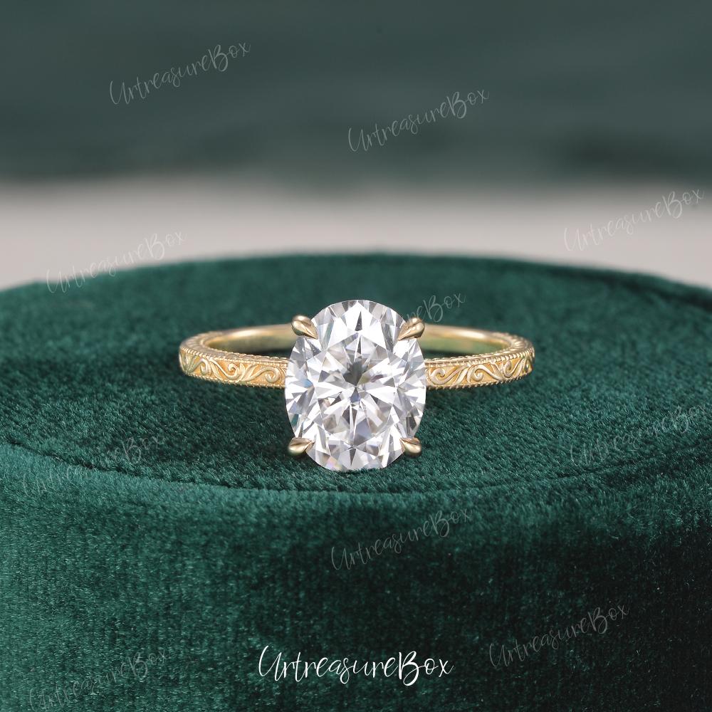 Engraved Oval Cut Moissanite Engagement Ring Yellow Gold Floral