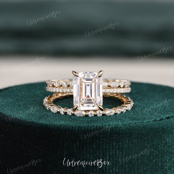 2.5ct Hidden Halo Emerald Cut Engagement Ring Set Women Moissanite Engagement  Ring Emerald Cut Wedding Set Antique Bridal Set Rose Gold Ring - Etsy