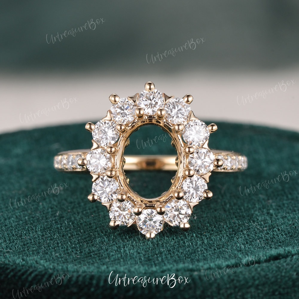 Flower Halo Semi Mount Ring Engagement Ring Setting Yellow Gold Diamond Halo Ring Half Eternity Women Gift Custom Fit Oval Pear Round Gem