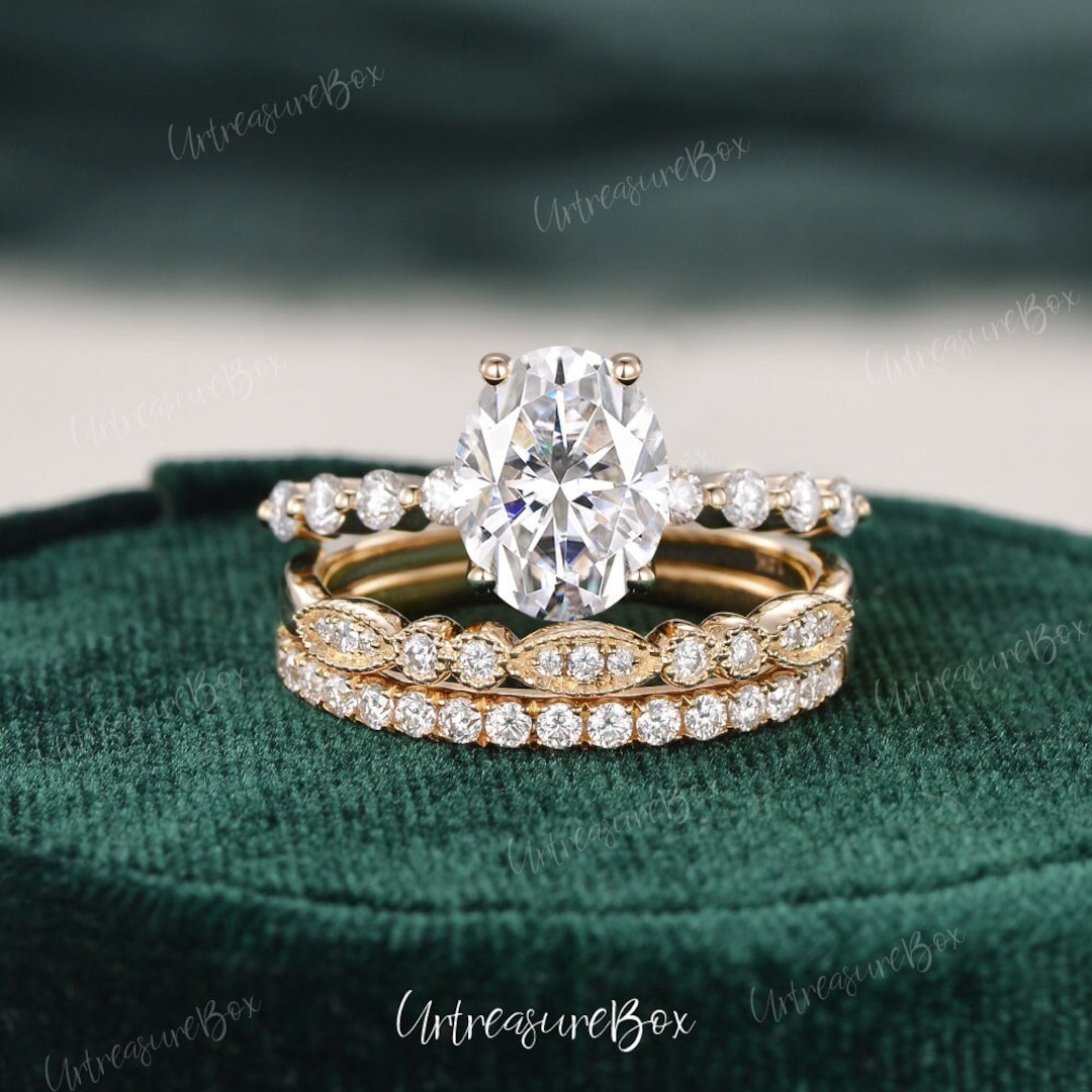 2CT Oval Cut Engagement Ring Set 14K Yellow Gold Moissanite Bridal Set ...