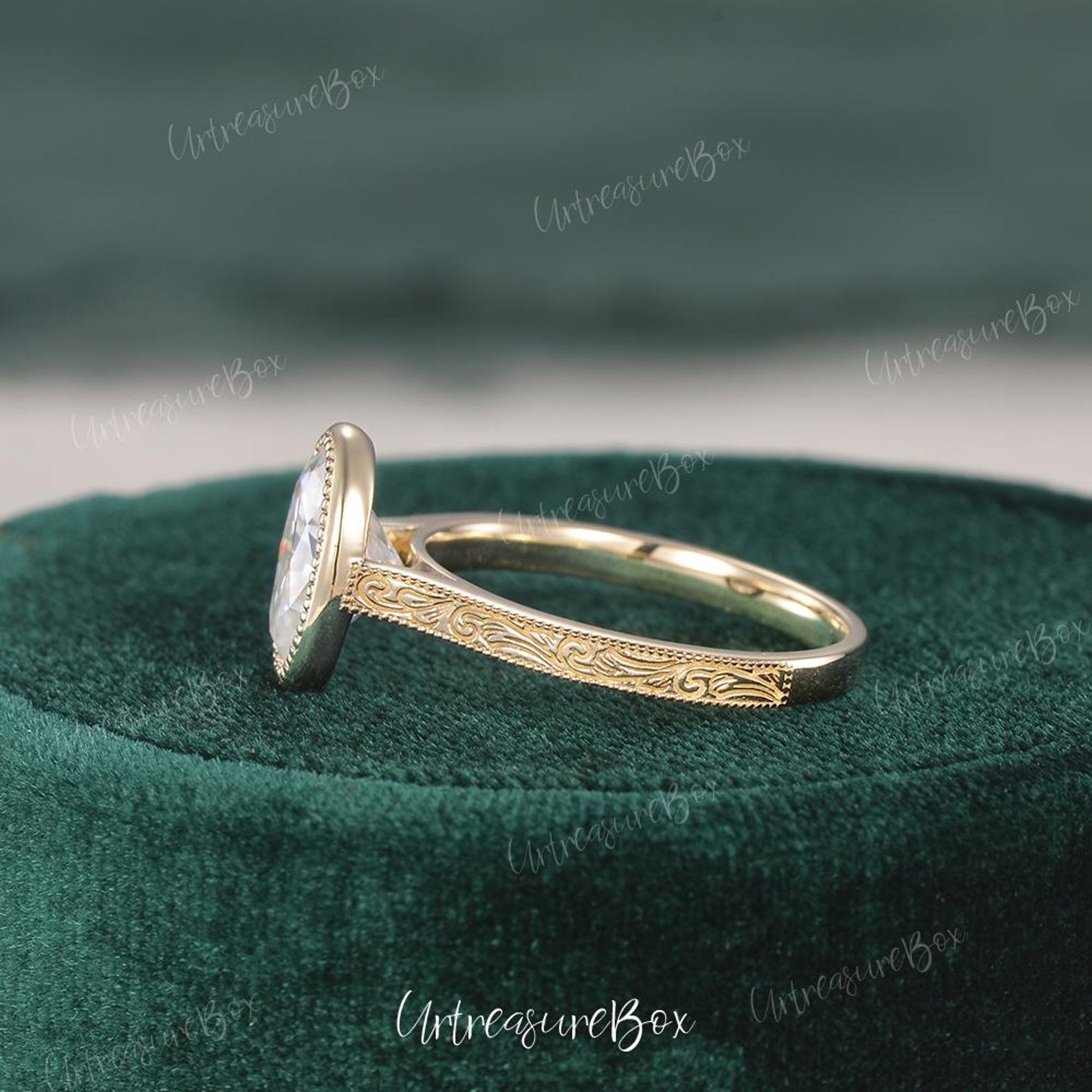 Vintage Engraved Oval Cut Moissanite Engagement Ring Yellow Gold Bezel ...
