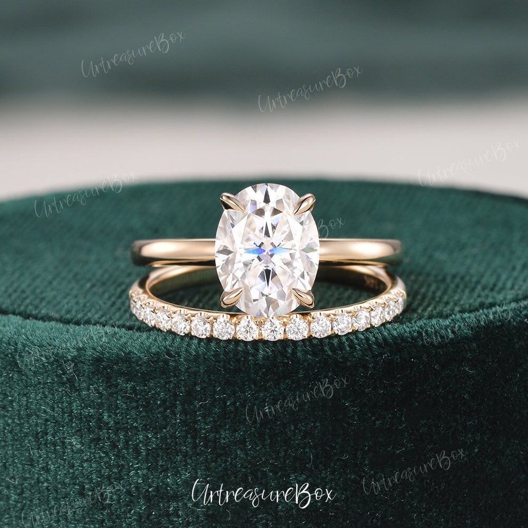 2ct Oval Cut Moissanite Engagement Ring Set Yellow Gold Minimalist ...