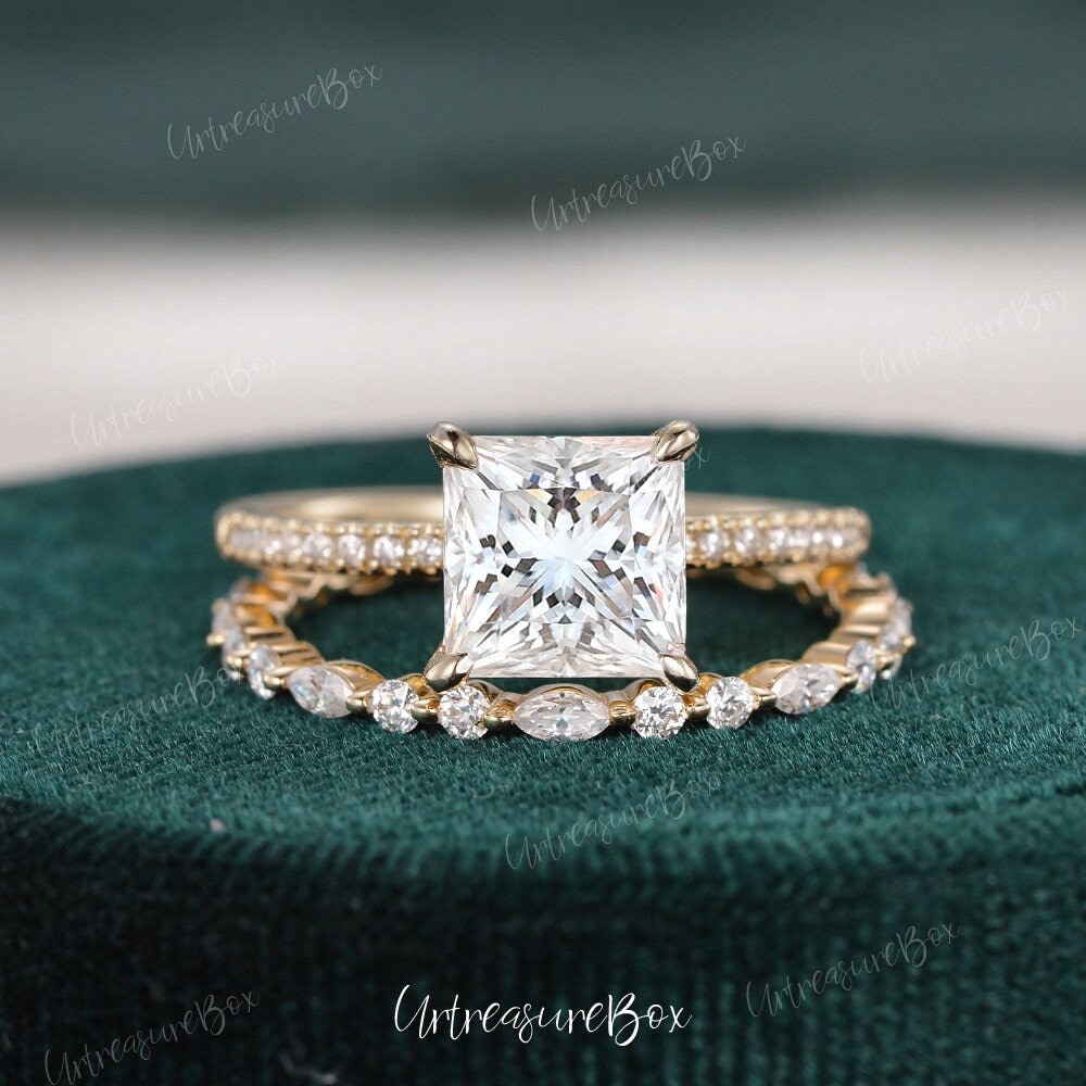 2ct Princess Cut Moissanite Engagement Ring Set Yellow Gold Moissanite Bridal Set Eternity Marquise Wedding Ring Women Solitaire Ring Unique