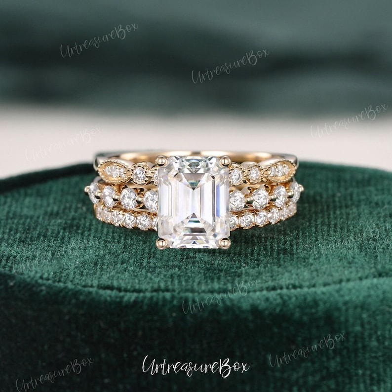 Emerald Cut Moissanite Engagement Ring Set 14K Yellow Gold Bridal Set Art Deco Hidden Halo Wedding Ring Vintage Stacking Rings Anniversary image 4