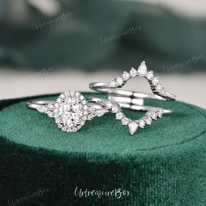 Art Deco 1ct Moissanite Engagement Ring Set 3pcs Rose Gold Vintage Bridal Set Double Halo Oval Cut Marquise Unique Wedding Ring Promise Ring