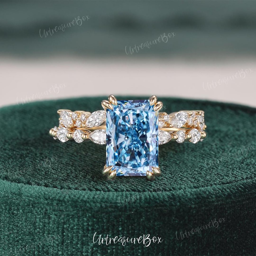 3CT Blue Lab Grown Diamond Engagement Ring Set Gold Radiant Cut Blue ...