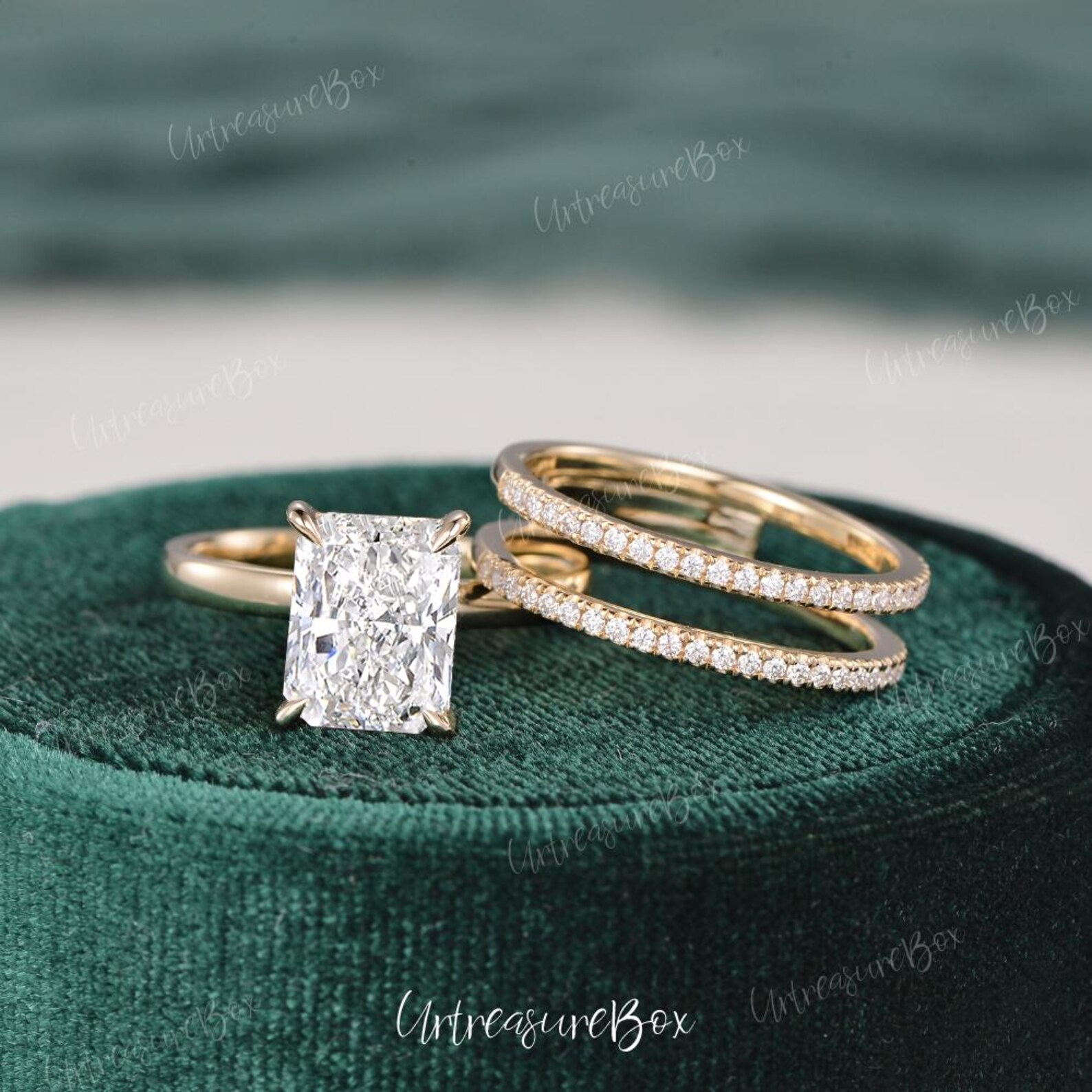 3CT Radiant Cut Lab Grown Diamond Engagement Ring Set Hidden Halo ...