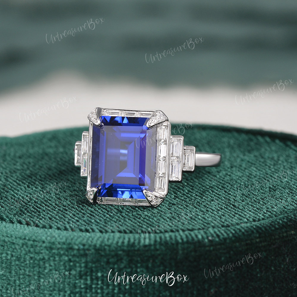 3ct Emerald Cut Sapphire Engagement Ring White Gold Lab